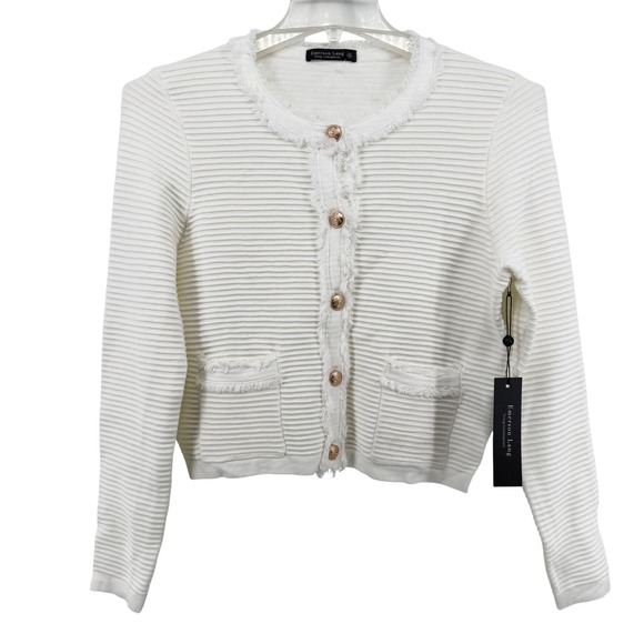 Emerson Lang Sweaters - NWT Emerson Lang Womens Cream Ribbed Fringed Trim Button Front Cardigan Size S